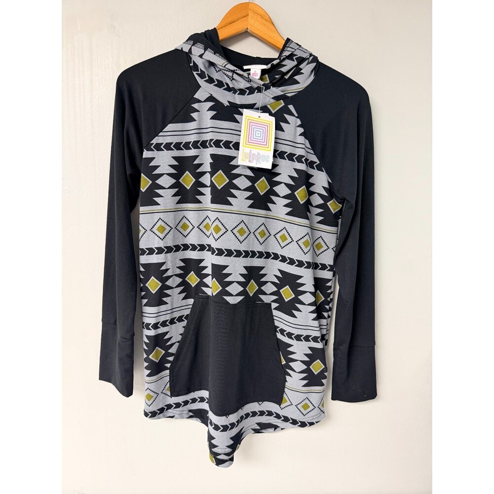 LuLaRoe Amber Women's S Black Geometric Hoodie Kangaroo Pocket NWT